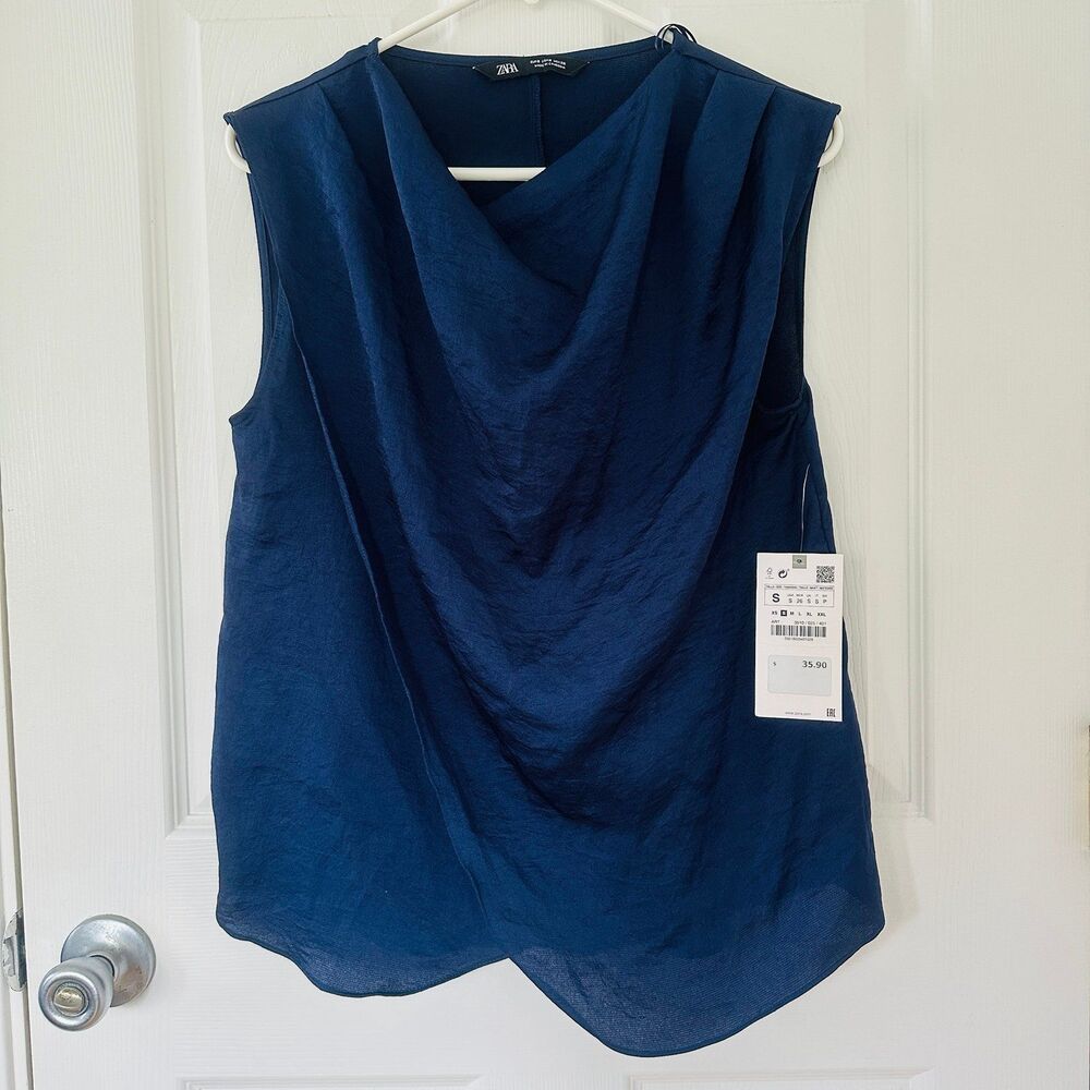 NEW Zara Blue Cowl Neck Sleeveless Top Shirt Blouse, size small
